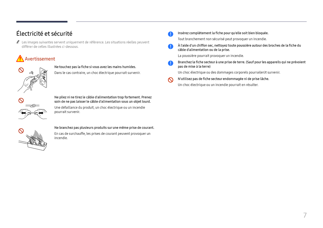 Samsung LH32OMHPWBC/EN manual Électricité et sécurité, Ne touchez pas la fiche si vous avez les mains humides 