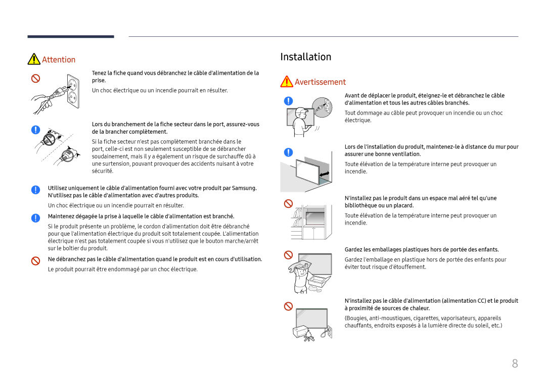 Samsung LH32OMHPWBC/EN manual Installation, Le produit pourrait être endommagé par un choc électrique 