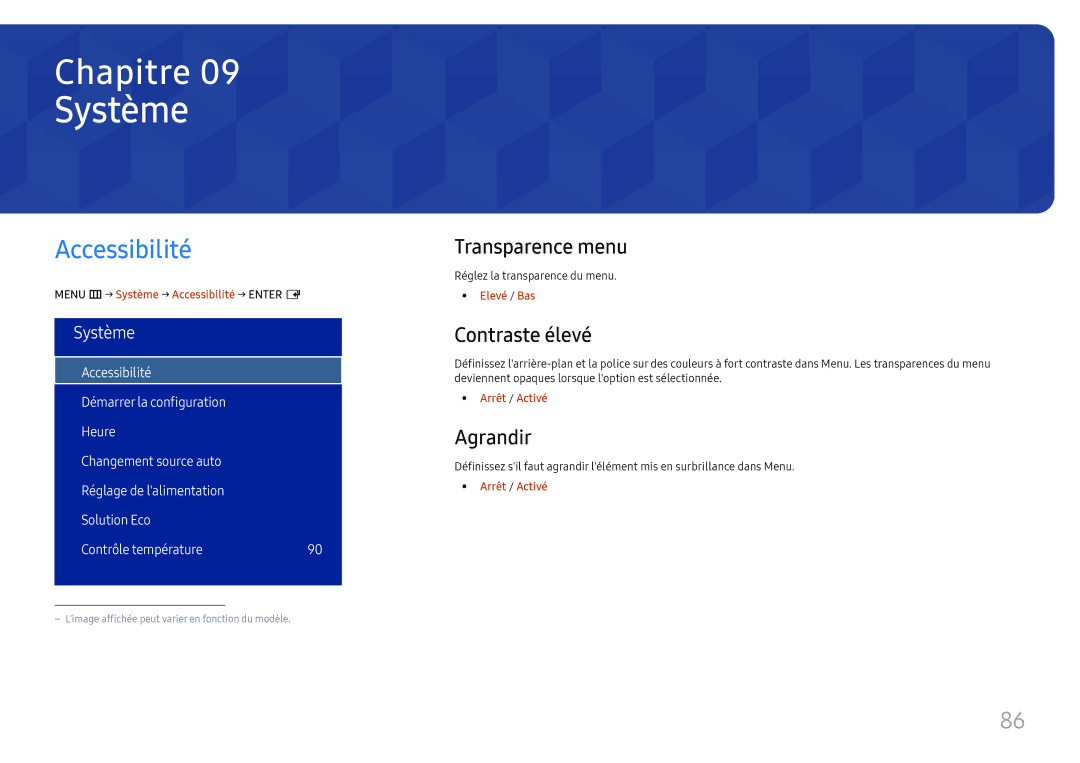 Samsung LH32OMHPWBC/EN manual Système, Accessibilité, Transparence menu, Contraste élevé, Agrandir 
