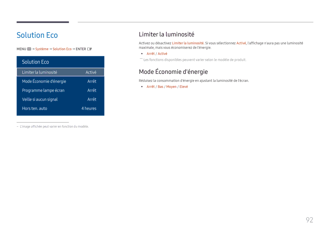 Samsung LH32OMHPWBC/EN manual Solution Eco, Limiter la luminosité, Mode Économie dénergie 