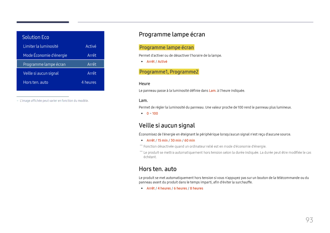 Samsung LH32OMHPWBC/EN manual Programme lampe écran, Veille si aucun signal, Hors ten. auto, Programme1, Programme2 