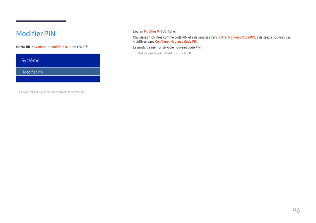 Samsung LH32OMHPWBC/EN manual Menu m → Système → Modifier PIN → Enter E 