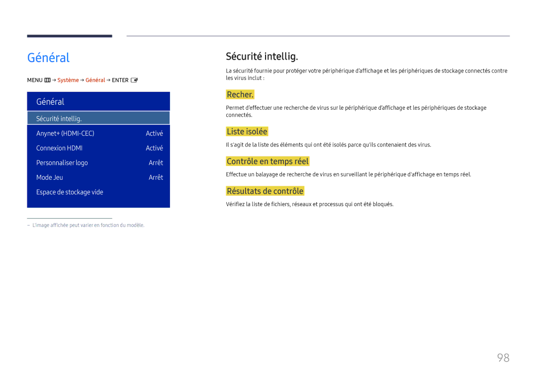 Samsung LH32OMHPWBC/EN manual Général, Sécurité intellig 