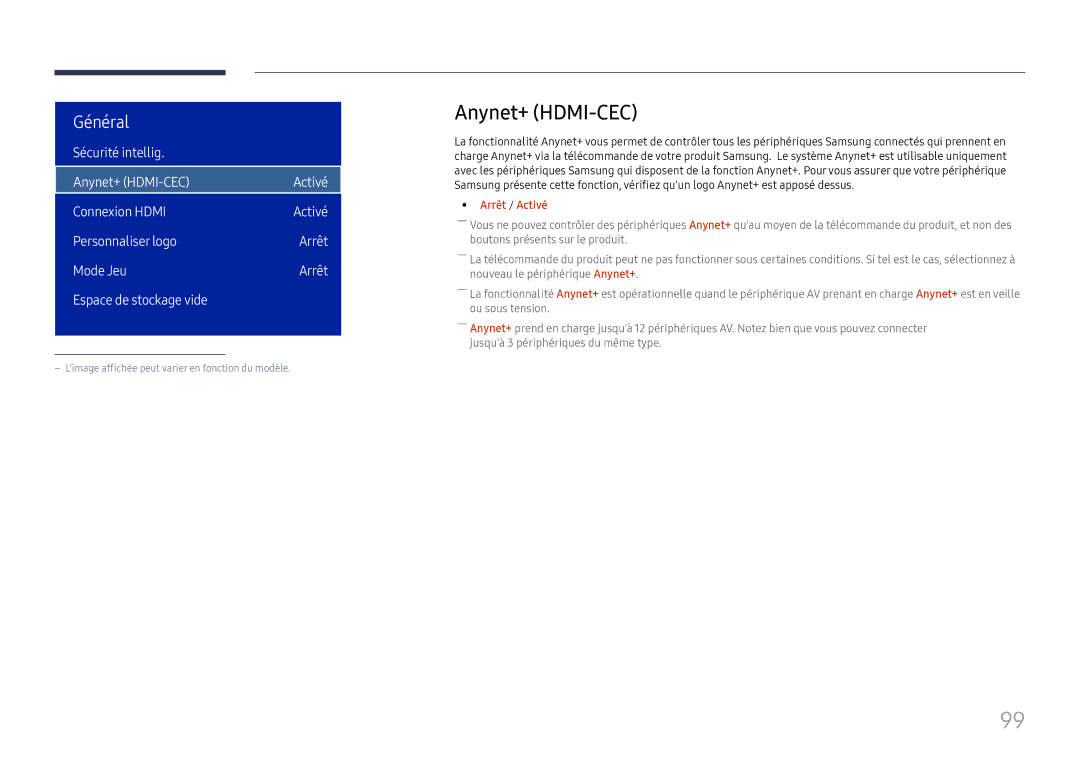 Samsung LH32OMHPWBC/EN manual Sécurité intellig Anynet+ HDMI-CEC Activé Connexion Hdmi 