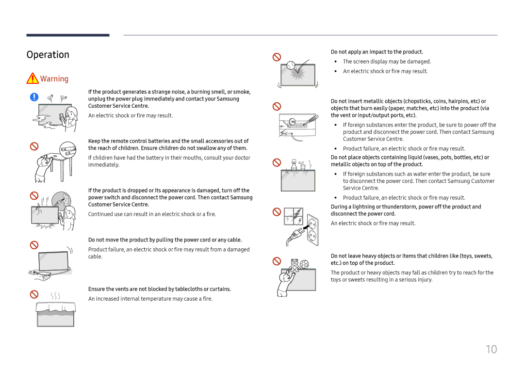 Samsung LH32OMHPWBC/EN Operation, Use can result in an electric shock or a fire, Do not apply an impact to the product 