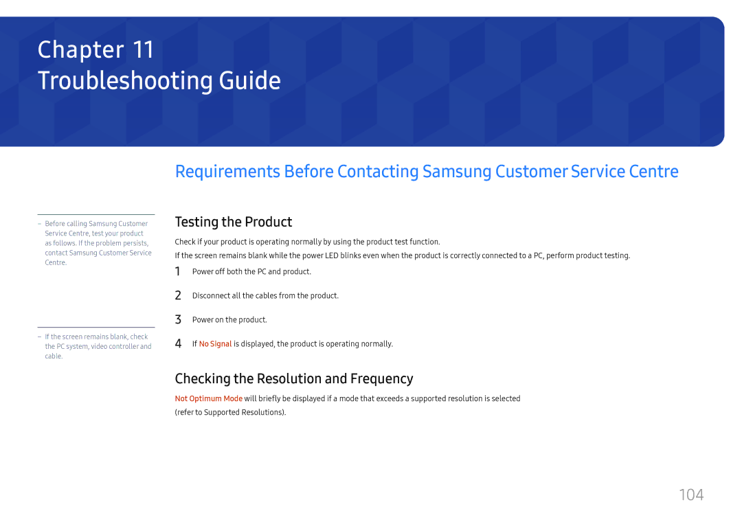 Samsung LH32OMHPWBC/EN manual Troubleshooting Guide, 104, Testing the Product, Checking the Resolution and Frequency 