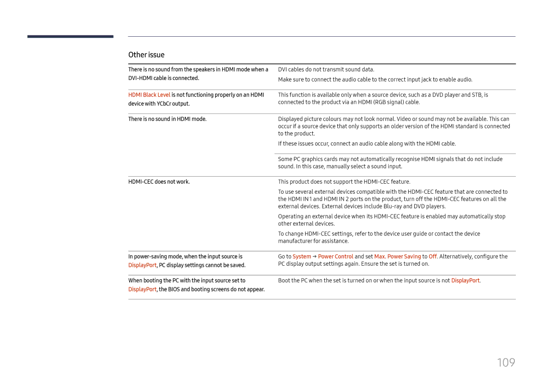 Samsung LH32OMHPWBC/EN manual 109, There is no sound in Hdmi mode, HDMI-CEC does not work 