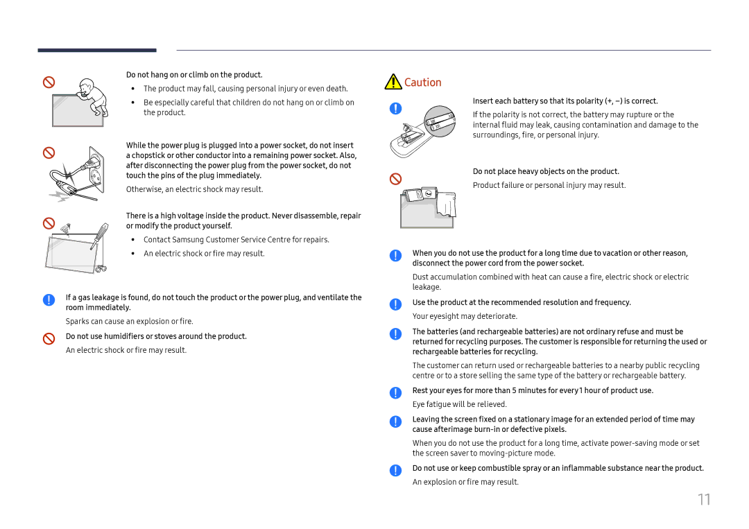 Samsung LH32OMHPWBC/EN manual Do not hang on or climb on the product, Do not use humidifiers or stoves around the product 