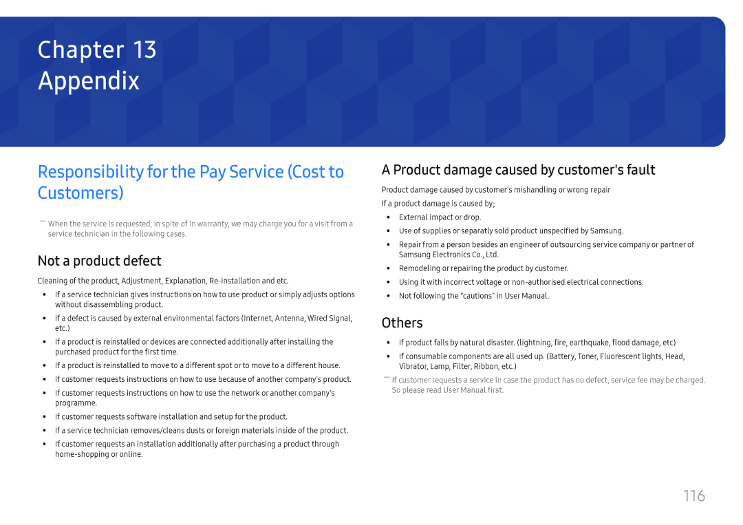 Samsung LH32OMHPWBC/EN manual Appendix, Responsibility for the Pay Service Cost to Customers, 116 