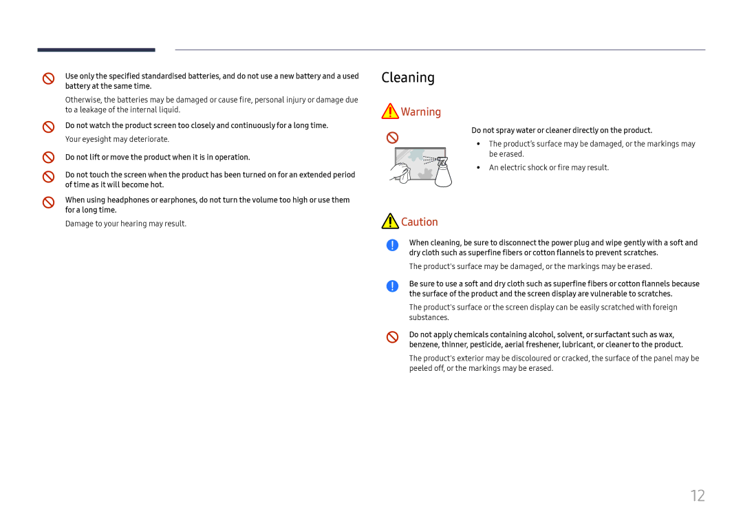 Samsung LH32OMHPWBC/EN Cleaning, Damage to your hearing may result, Do not spray water or cleaner directly on the product 