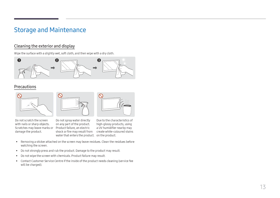 Samsung LH32OMHPWBC/EN manual Storage and Maintenance, Precautions 