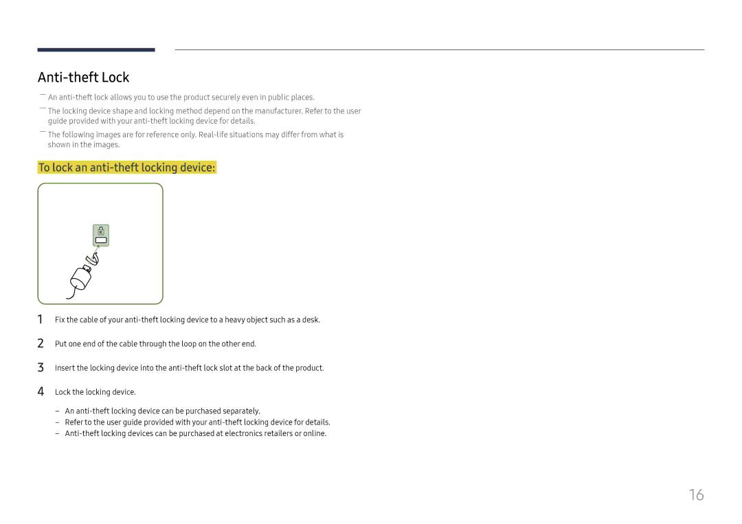 Samsung LH32OMHPWBC/EN manual Anti-theft Lock, To lock an anti-theft locking device 