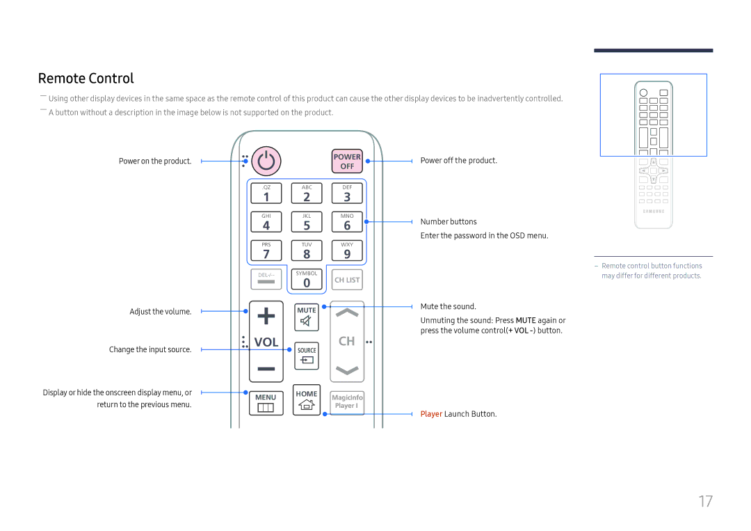 Samsung LH32OMHPWBC/EN manual Remote Control, Player Launch Button 