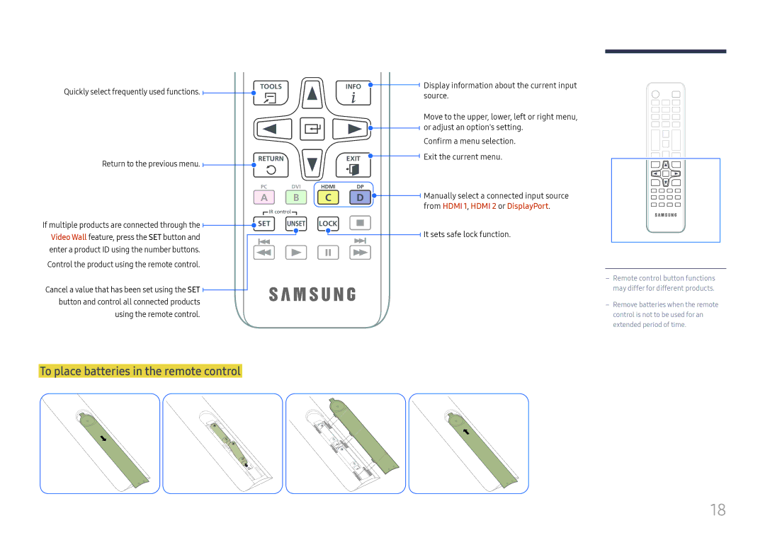 Samsung LH32OMHPWBC/EN manual To place batteries in the remote control, Quickly select frequently used functions. Tools 