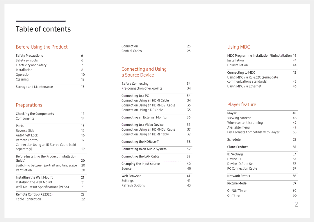 Samsung LH32OMHPWBC/EN manual Table of contents 