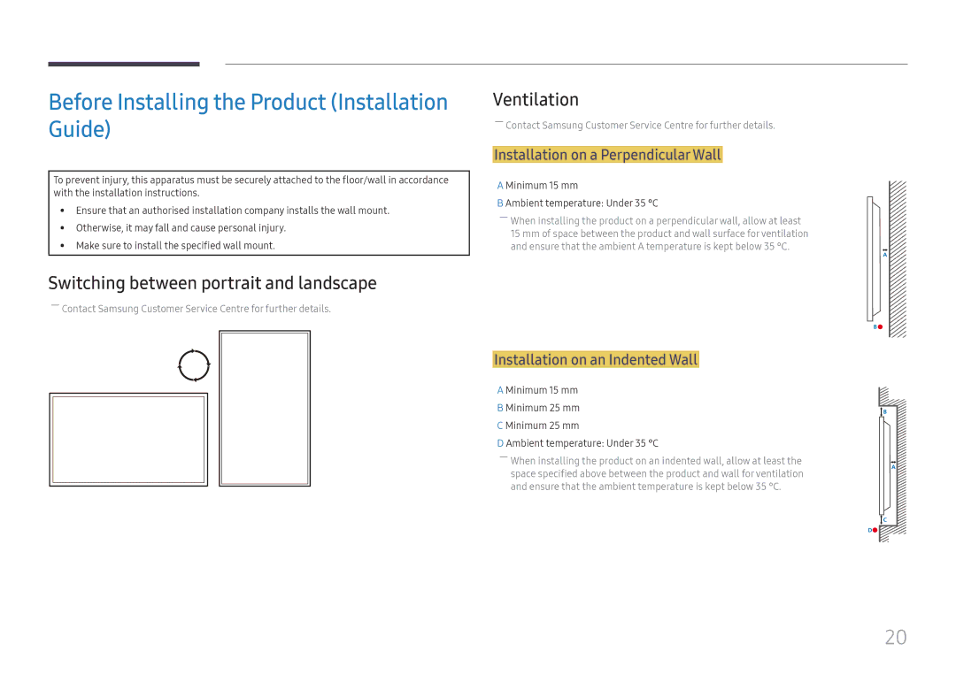 Samsung LH32OMHPWBC/EN manual Before Installing the Product Installation Guide, Switching between portrait and landscape 