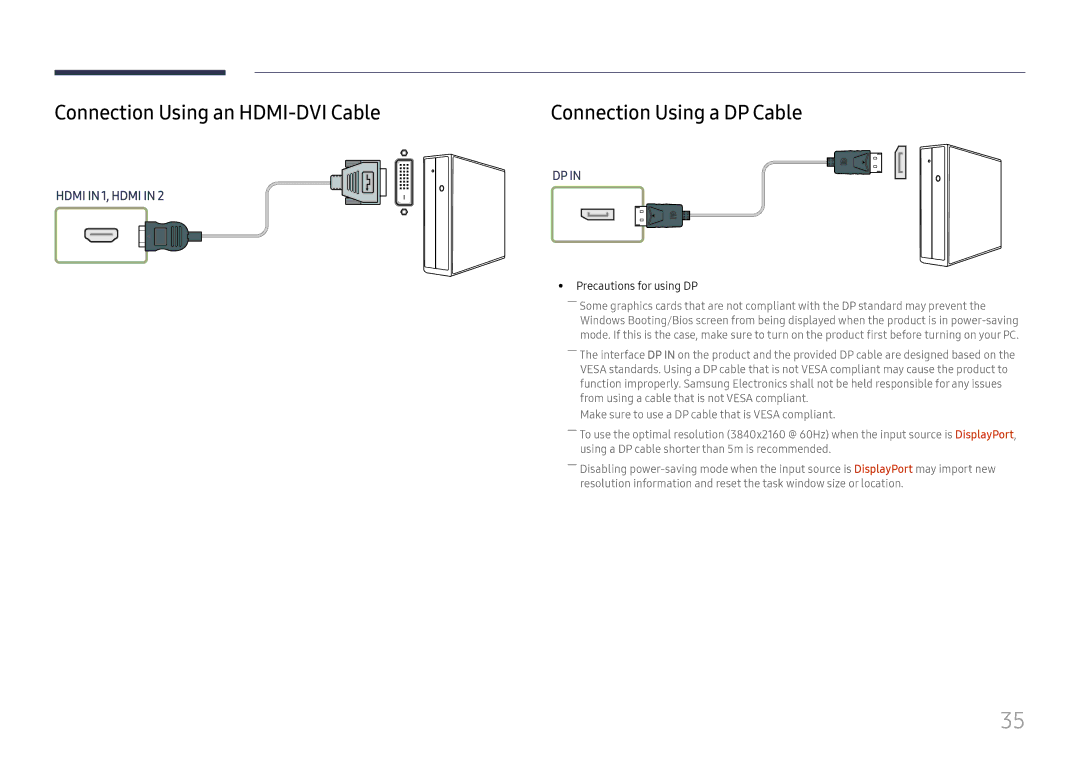 Samsung LH32OMHPWBC/EN manual Connection Using an HDMI-DVI Cable, Precautions for using DP 