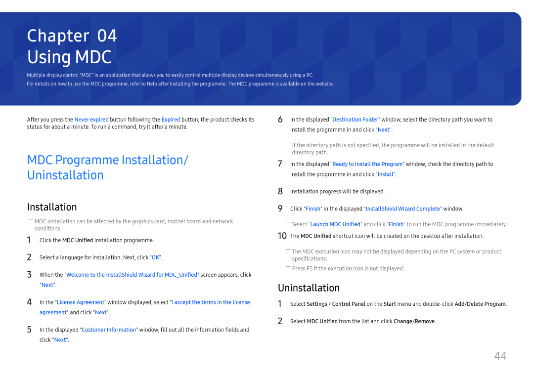 Samsung LH32OMHPWBC/EN manual Using MDC, MDC Programme Installation Uninstallation 