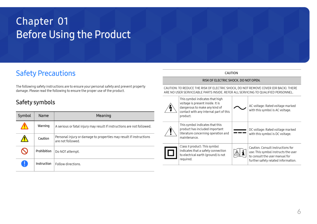 Samsung LH32OMHPWBC/EN manual Before Using the Product, Safety Precautions, Safety symbols 