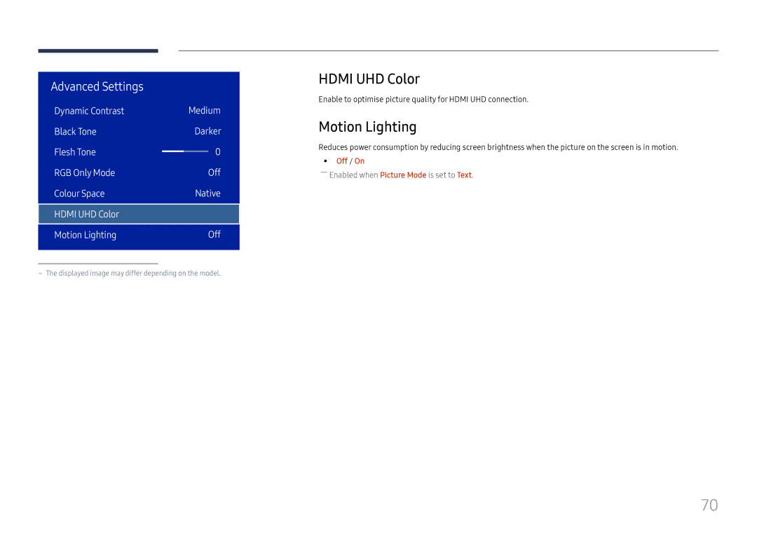 Samsung LH32OMHPWBC/EN manual Hdmi UHD Color, Motion Lighting, Enable to optimise picture quality for Hdmi UHD connection 