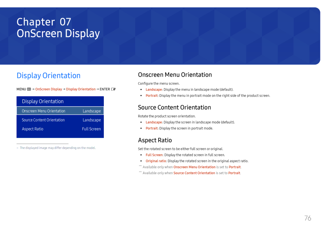 Samsung LH32OMHPWBC/EN manual OnScreen Display, Display Orientation, Onscreen Menu Orientation, Source Content Orientation 