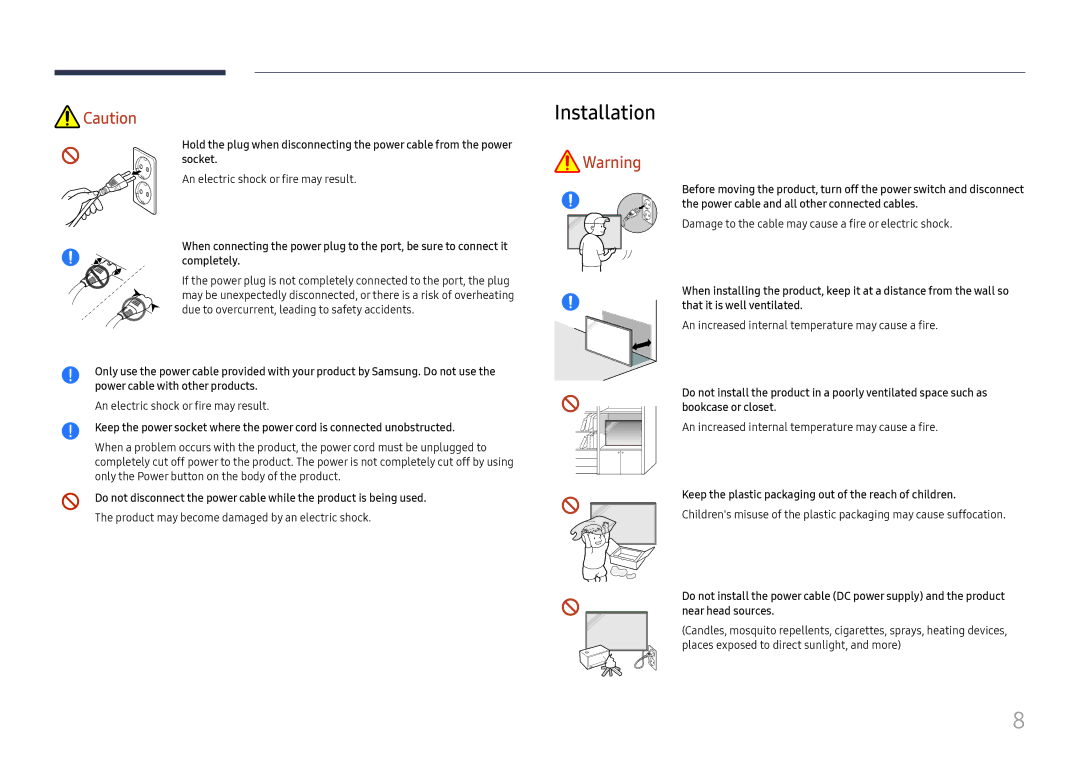 Samsung LH32OMHPWBC/EN manual Installation, Product may become damaged by an electric shock 