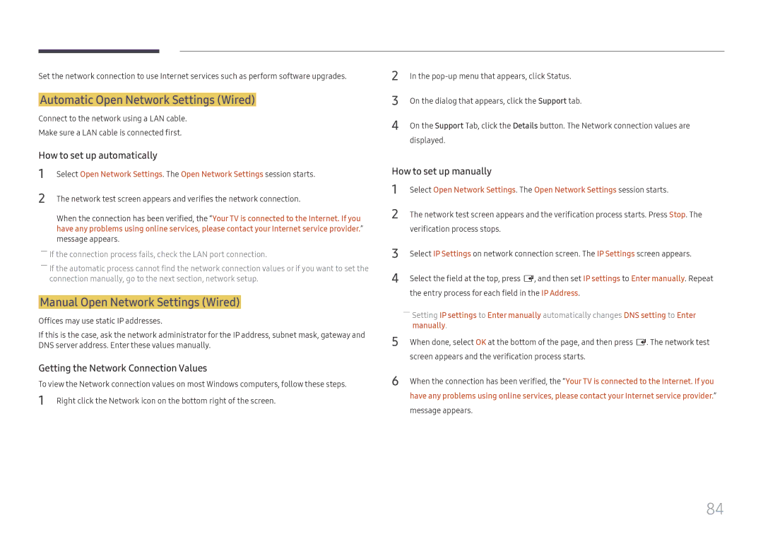 Samsung LH32OMHPWBC/EN manual Automatic Open Network Settings Wired, Manual Open Network Settings Wired, Manually 