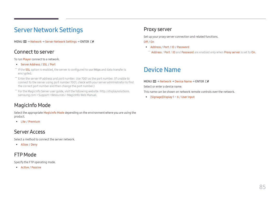 Samsung LH32OMHPWBC/EN manual Server Network Settings, Device Name 