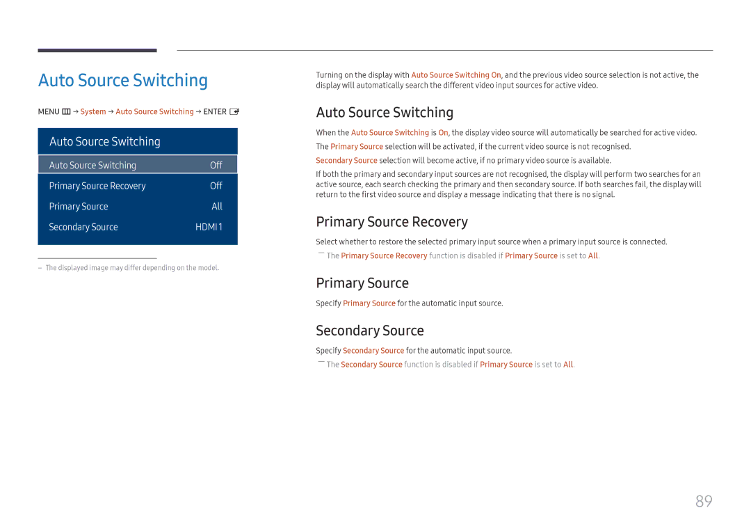 Samsung LH32OMHPWBC/EN manual Auto Source Switching, Primary Source Recovery, Secondary Source 