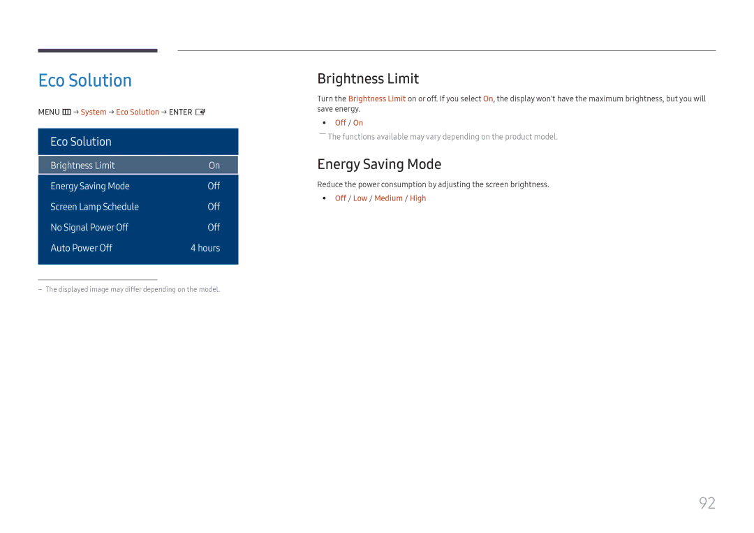 Samsung LH32OMHPWBC/EN manual Brightness Limit, Energy Saving Mode, Menu m → System → Eco Solution → Enter E 