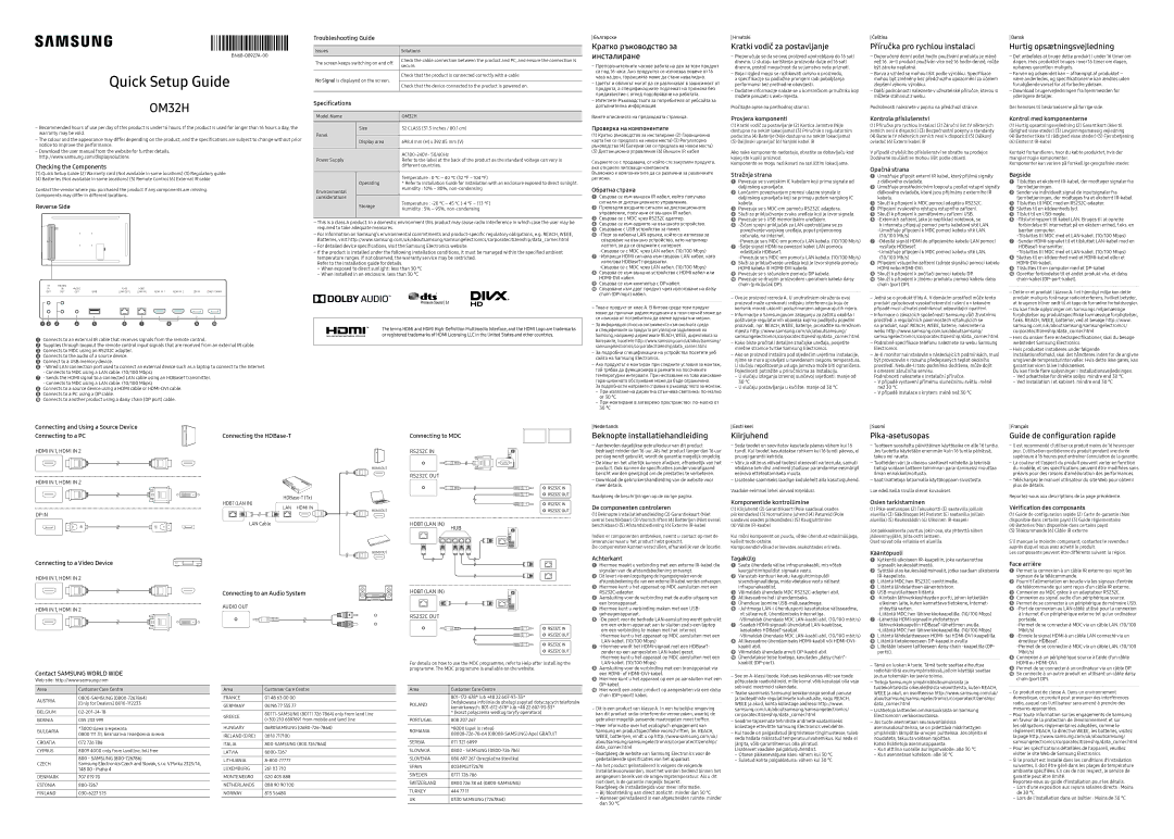 Samsung LH32OMHPWBC/EN manual Кратко ръководство за инсталиране, Kratki vodič za postavljanje, Hurtig opsætningsvejledning 