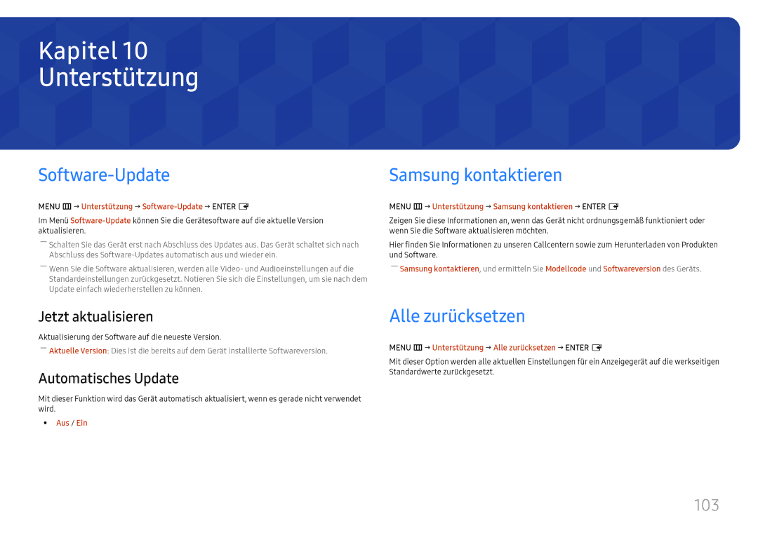 Samsung LH32OMHPWBC/EN manual Unterstützung, Software-Update, Samsung kontaktieren, Alle zurücksetzen, 103 