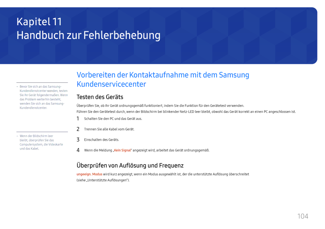 Samsung LH32OMHPWBC/EN manual Handbuch zur Fehlerbehebung, 104, Testen des Geräts, Überprüfen von Auflösung und Frequenz 