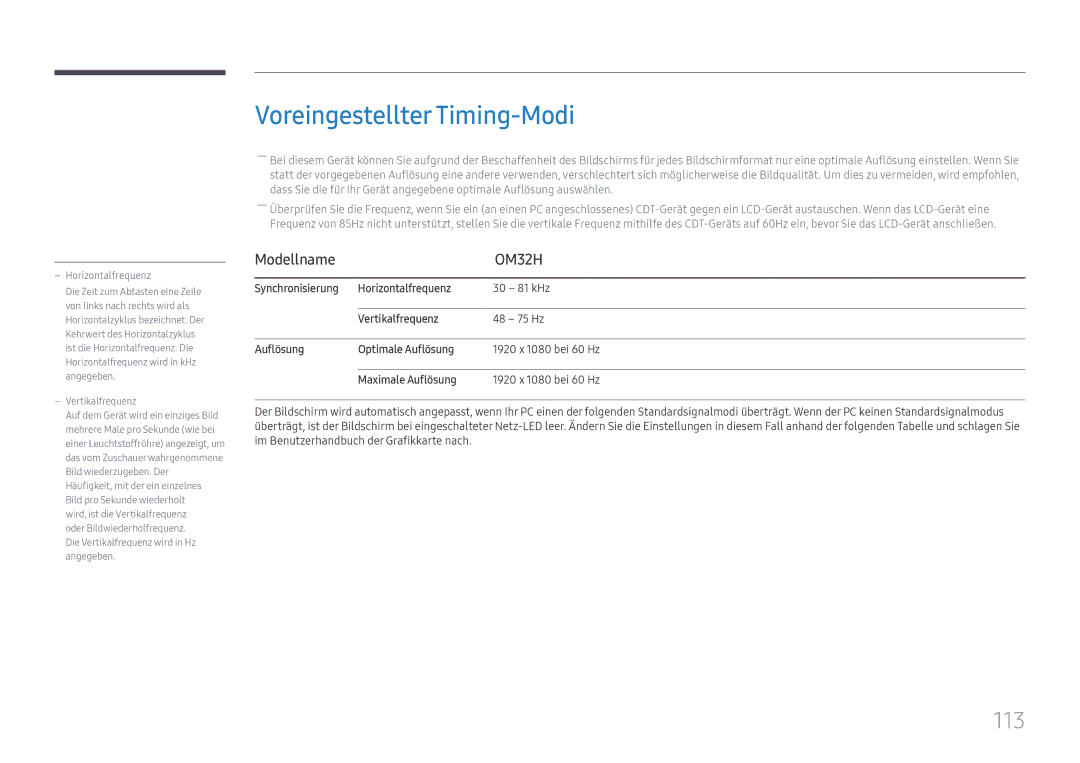 Samsung LH32OMHPWBC/EN manual Voreingestellter Timing-Modi, 113 