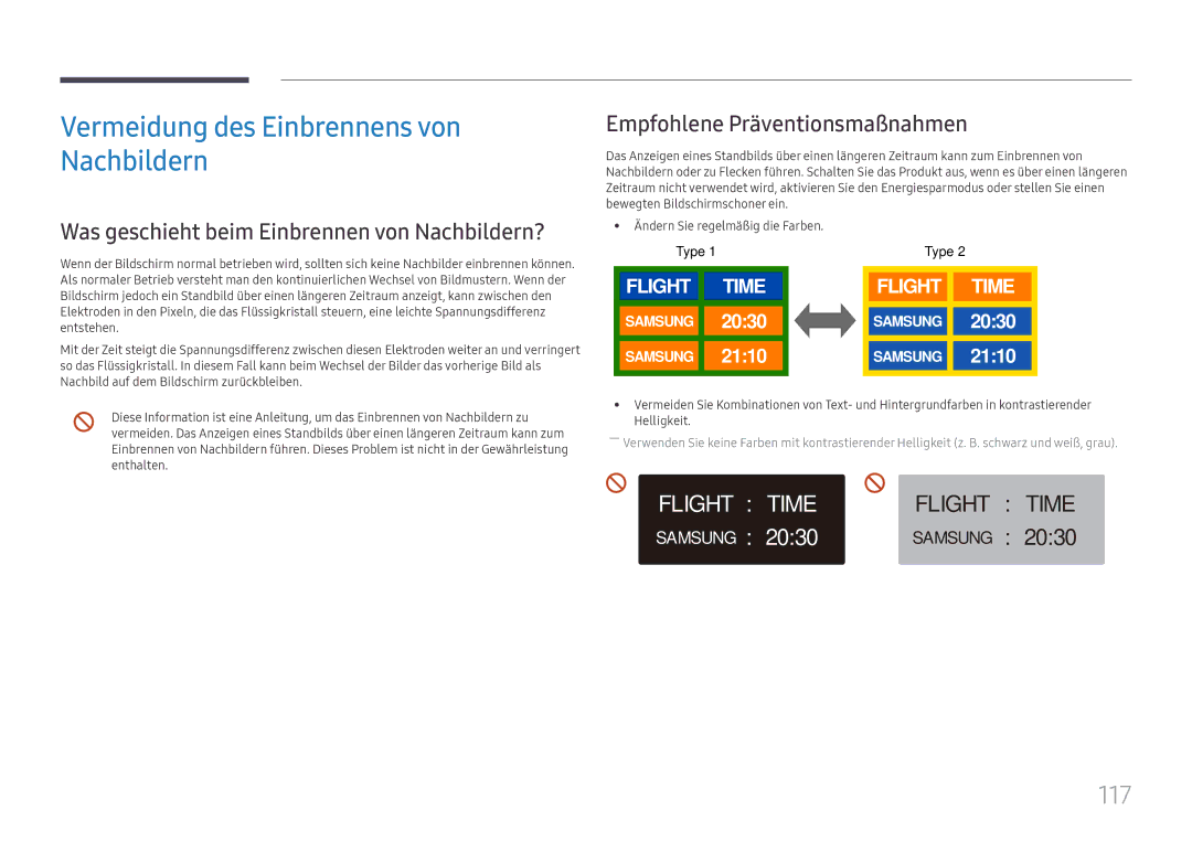 Samsung LH32OMHPWBC/EN manual Vermeidung des Einbrennens von Nachbildern, 117 