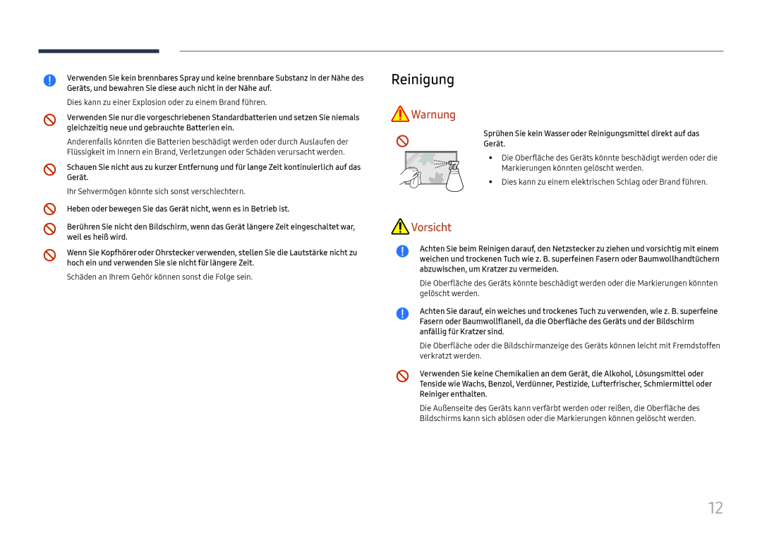 Samsung LH32OMHPWBC/EN manual Reinigung, Dies kann zu einer Explosion oder zu einem Brand führen 