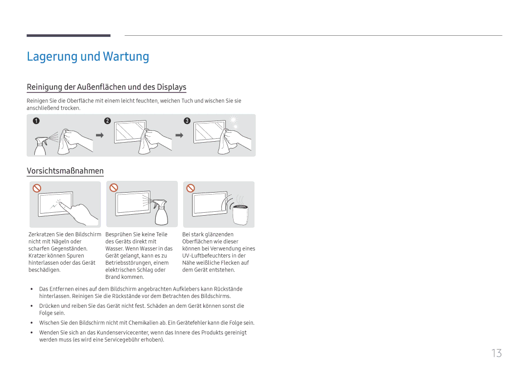 Samsung LH32OMHPWBC/EN manual Lagerung und Wartung, Reinigung der Außenflächen und des Displays 