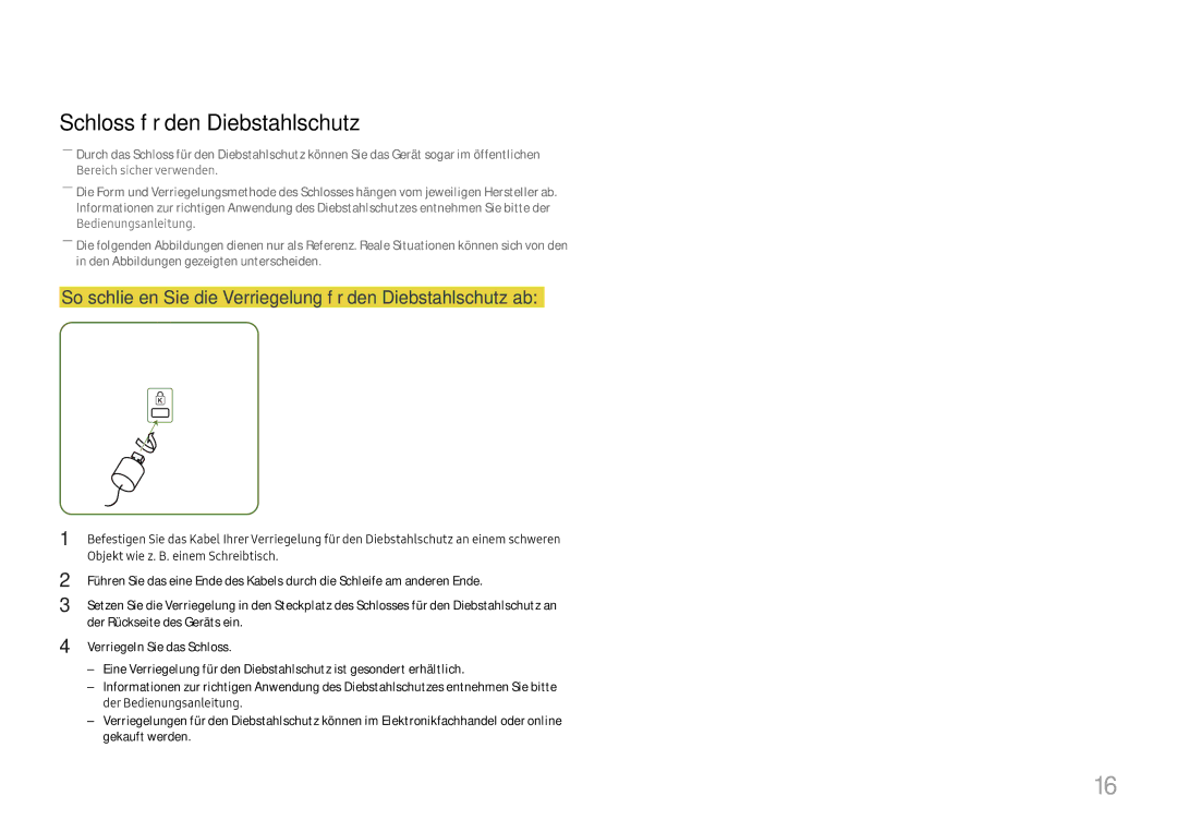 Samsung LH32OMHPWBC/EN manual Schloss für den Diebstahlschutz, So schließen Sie die Verriegelung für den Diebstahlschutz ab 