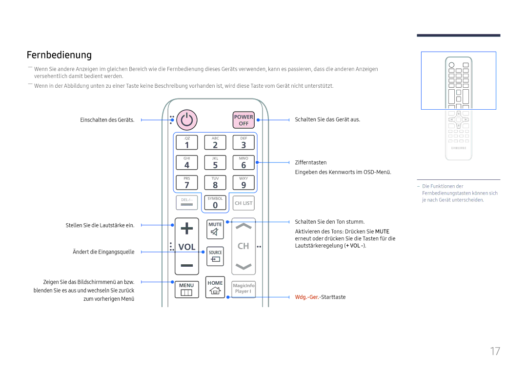 Samsung LH32OMHPWBC/EN manual Fernbedienung, Stellen Sie die Lautstärke ein Ändert die Eingangsquelle 