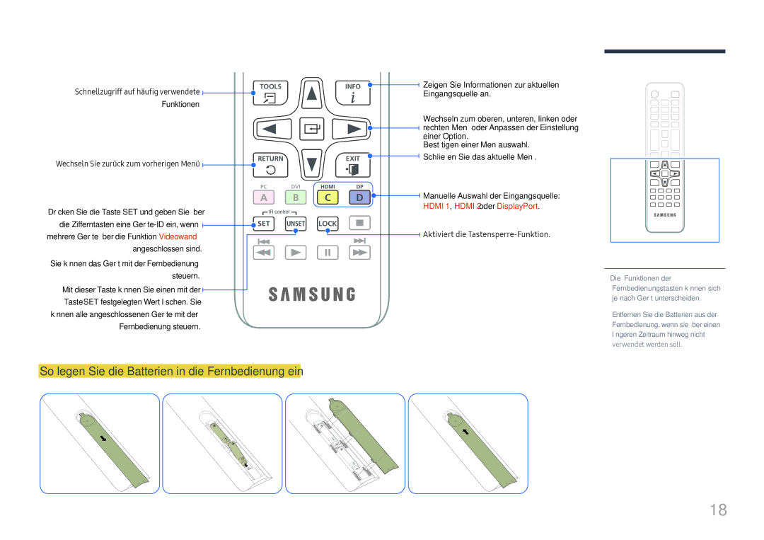 Samsung LH32OMHPWBC/EN So legen Sie die Batterien in die Fernbedienung ein, Funktionen, Hdmi 1, Hdmi 2 oder DisplayPort 