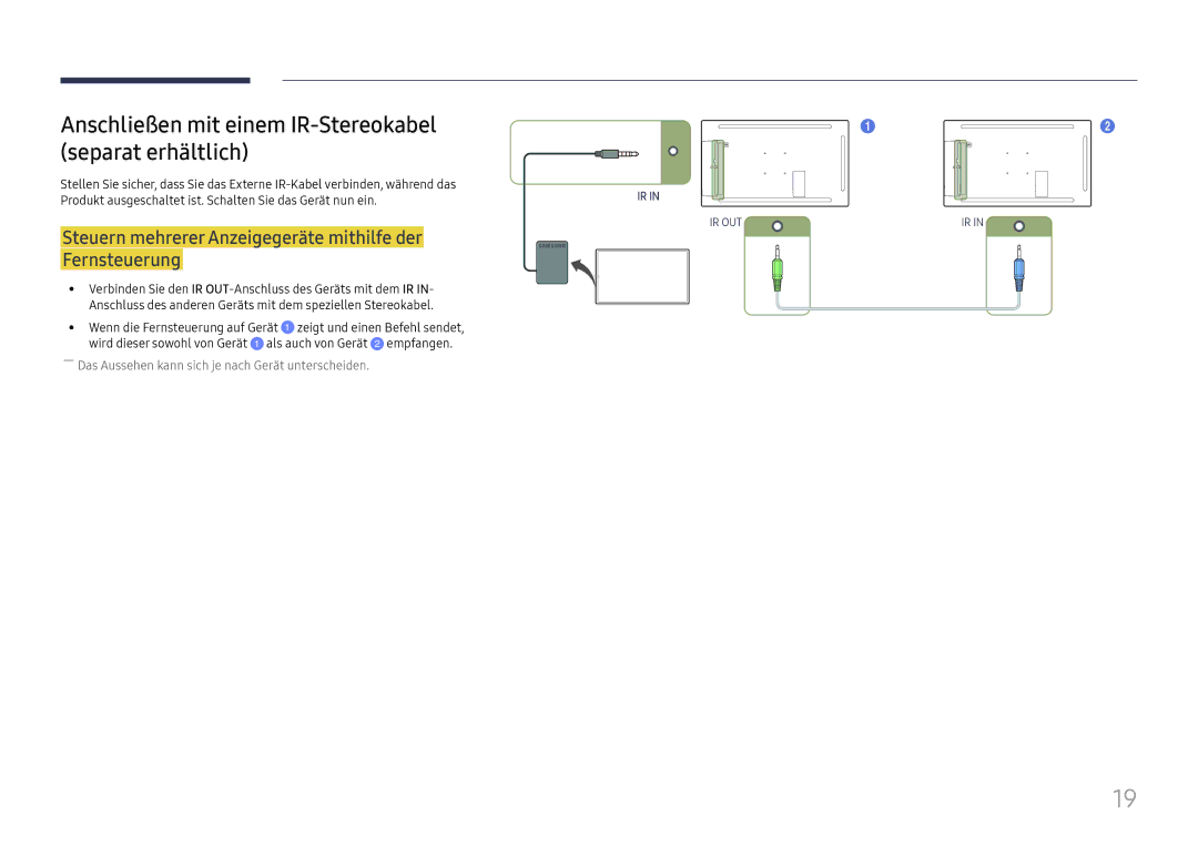 Samsung LH32OMHPWBC/EN manual Anschließen mit einem IR-Stereokabel separat erhältlich, Fernsteuerung, Empfangen 