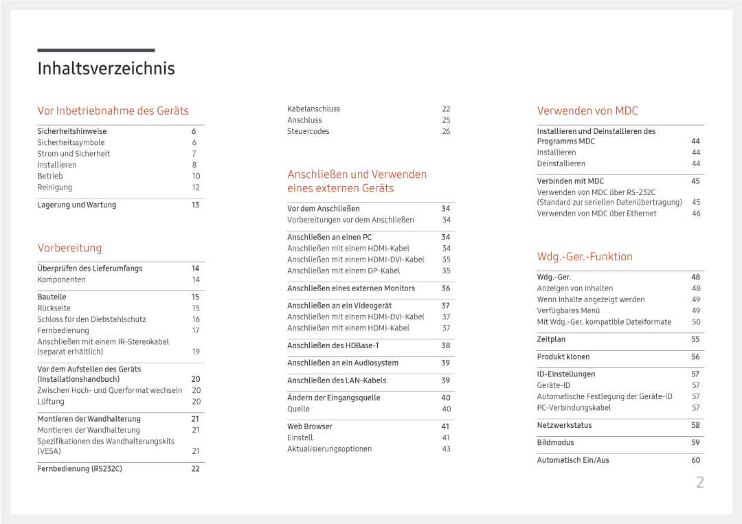 Samsung LH32OMHPWBC/EN manual Inhaltsverzeichnis 