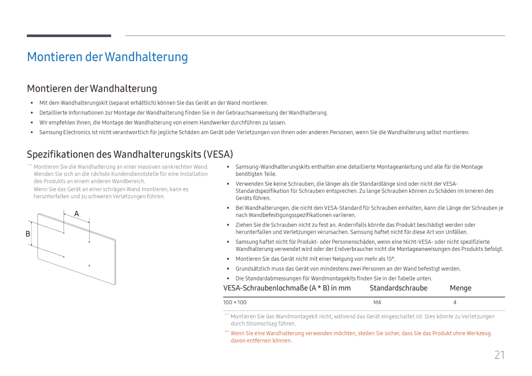 Samsung LH32OMHPWBC/EN manual Montieren derWandhalterung, Montieren der Wandhalterung, 100 × 