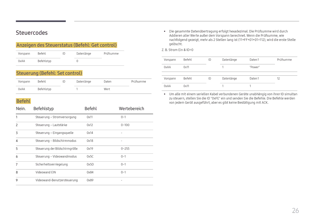 Samsung LH32OMHPWBC/EN manual Steuercodes, Anzeigen des Steuerstatus Befehl Get control, Steuerung Befehl Set control 