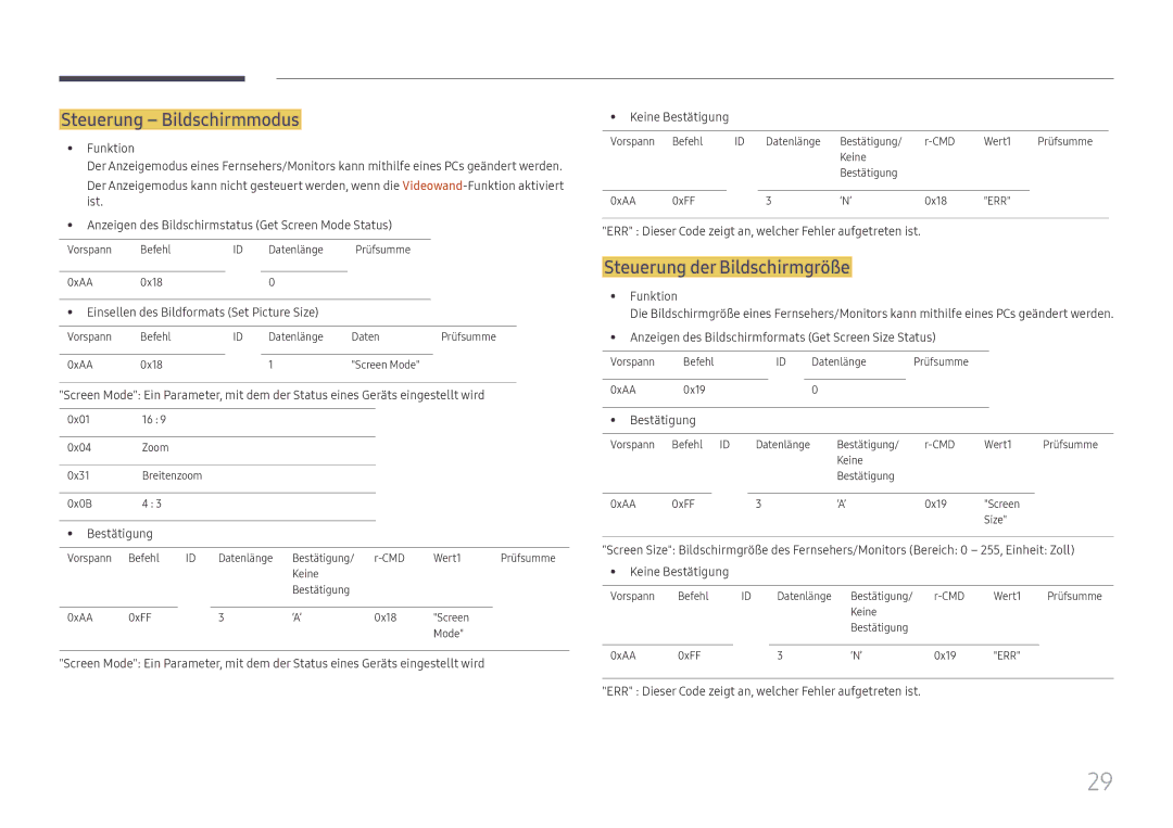 Samsung LH32OMHPWBC/EN manual Steuerung Bildschirmmodus, Steuerung der Bildschirmgröße 