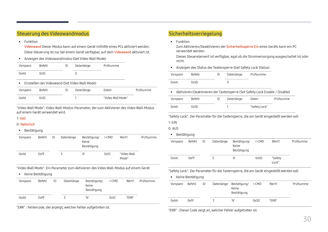 Samsung LH32OMHPWBC/EN manual Steuerung des Videowandmodus, Sicherheitsverriegelung, Voll Natürlich 