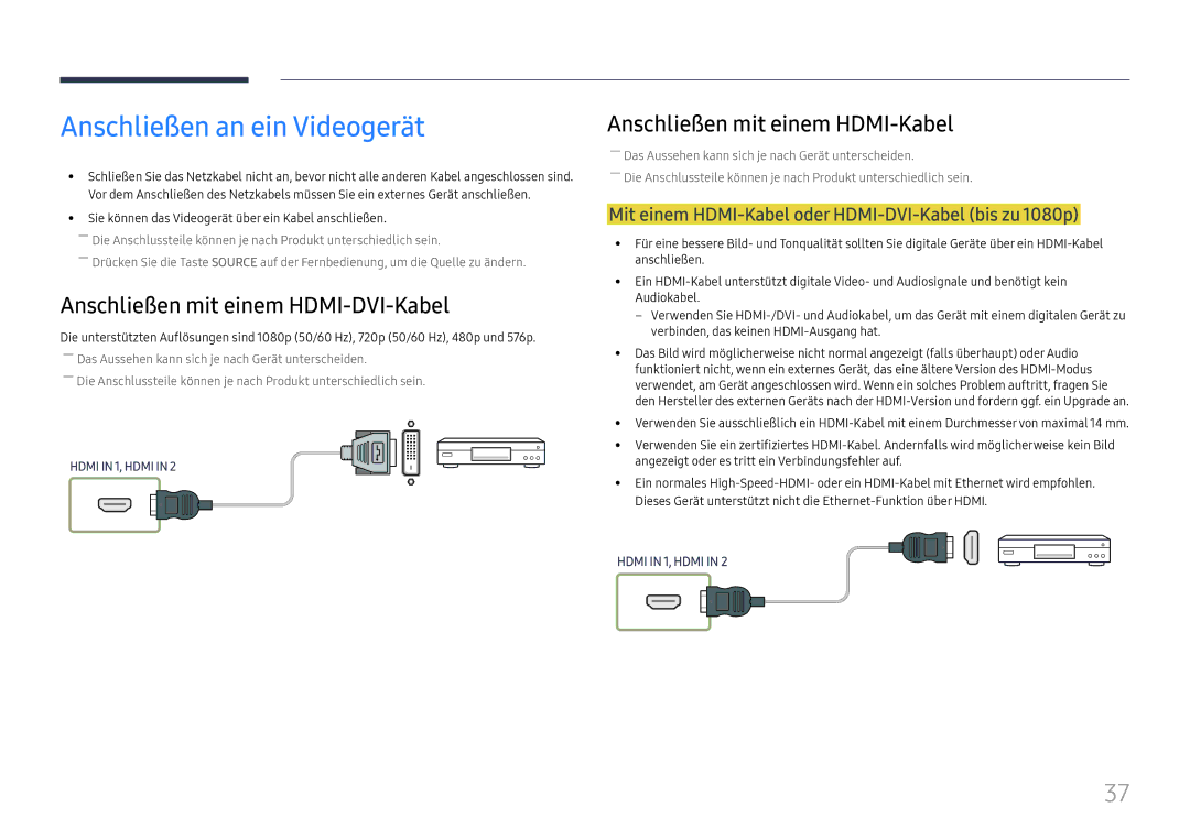 Samsung LH32OMHPWBC/EN manual Anschließen an ein Videogerät, Mit einem HDMI-Kabel oder HDMI-DVI-Kabel bis zu 1080p 