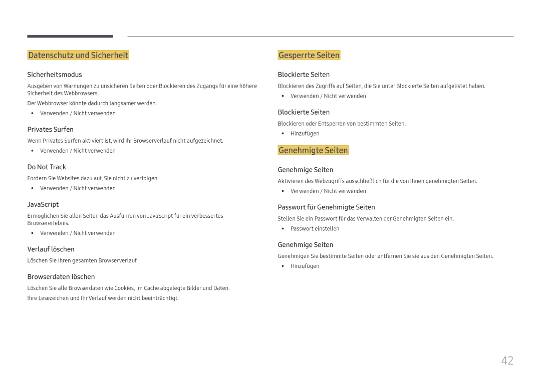 Samsung LH32OMHPWBC/EN manual Datenschutz und Sicherheit, Gesperrte Seiten, Genehmigte Seiten 