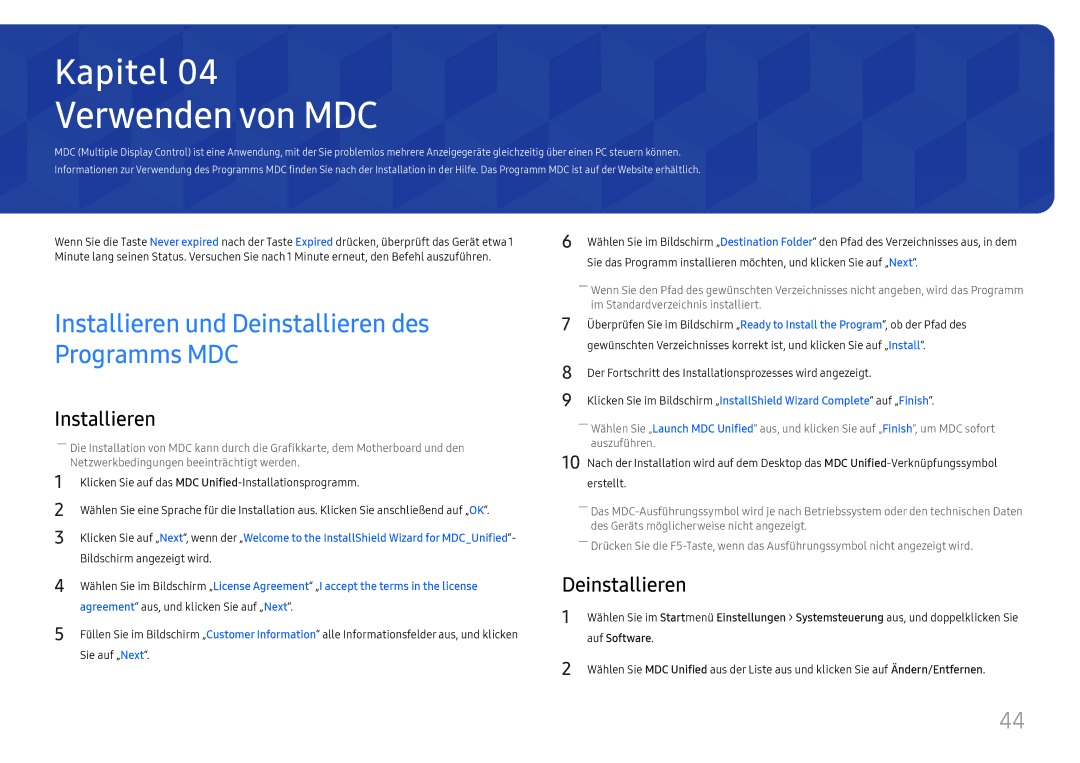 Samsung LH32OMHPWBC/EN manual Verwenden von MDC, Installieren und Deinstallieren des Programms MDC, Auf Software 