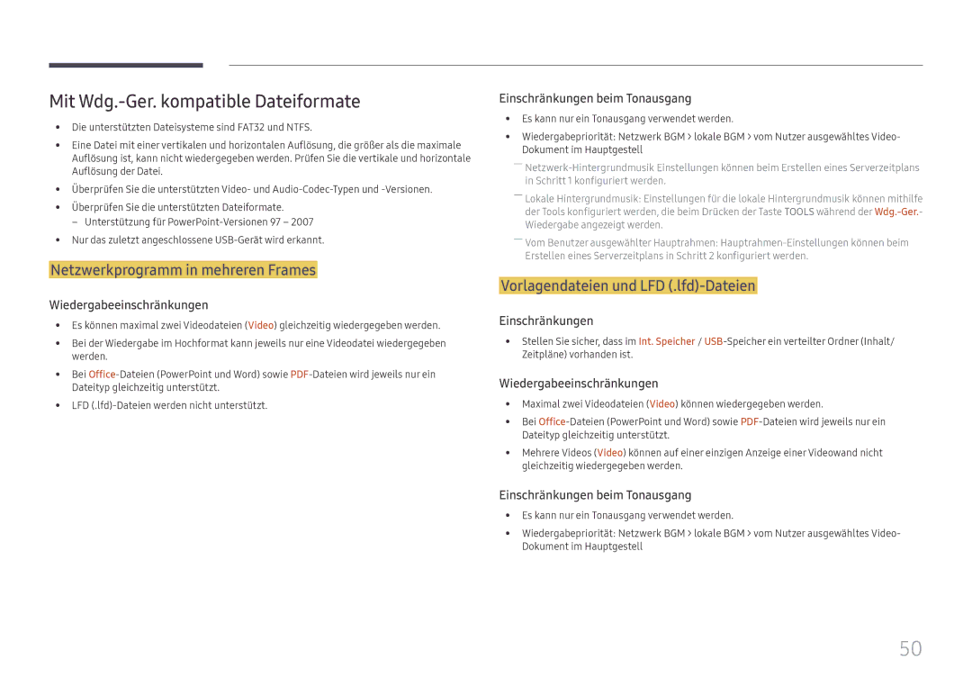 Samsung LH32OMHPWBC/EN manual Mit Wdg.-Ger. kompatible Dateiformate, Netzwerkprogramm in mehreren Frames 